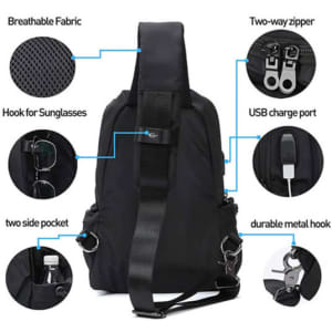 A black Sling Crossbody Shoulder Bag features breathable fabric, a USB charge port, and multiple pockets. It includes a hook for sunglasses.