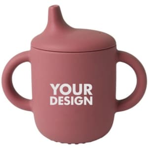 A pink food grade silicone baby feeding cup with easy-grip handles and a spout, featuring a logo.