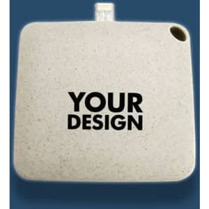 A biodegradable disposable power bank in a light beige colour with a round cutout and a branding area.
