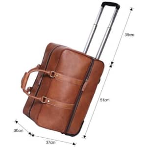 A wheeled duffel bag in brown leather with a retractable handle and dimensions displayed in centimetres.