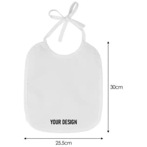 A white baby bib with a tie at the top, featuring dimensions and a space for custom designs.