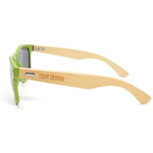 Sunglasses with green frames and bamboo temples, featuring a logo on the side of the temples.