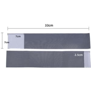 A grey elastic armband with measurements of 33cm by 7cm, featuring a section of 2.5cm width and a logo.