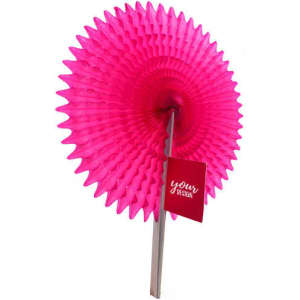 A pink round folding handheld paper fan with a wooden handle and a tag for custom design.