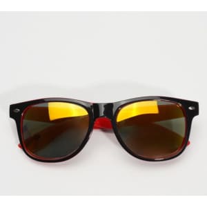 PC Classic Sunglasses feature a black frame with red accents and yellow-tinted lenses. The design is retro-inspired.