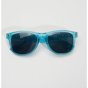 A pair of blue fashion sunglasses with dark lenses and a light blue transparent frame, featuring a logo on the side.
