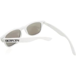 A pair of white sunglasses with grey lenses and a logo on the side.