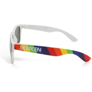 Rainbow adult sunglasses with white frames and multicoloured striped arms. Features a logo on one arm.