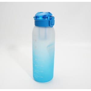 A drink bottle with a gradient design, transitioning from clear to a vibrant blue, featuring a blue lid and a logo.