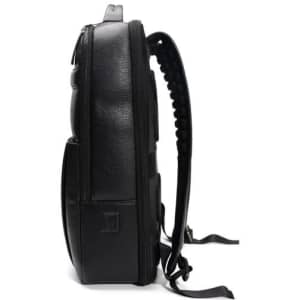 A black genuine leather laptop backpack displayed from the side, featuring adjustable straps and a textured exterior.