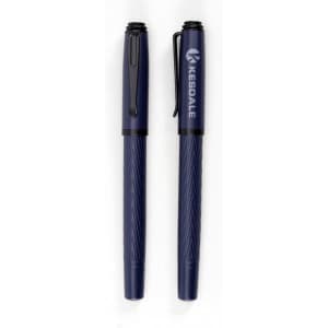A navy blue refillable ink metal fountain pen with a textured body and clip. It features a logo.