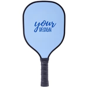 A light blue pickleball paddle with a black handle and a logo in the centre for custom designs.