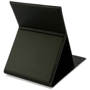 A portable desktop foldable makeup mirror in black, featuring a sleek, stand-up design for easy use.