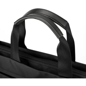 A black polyester briefcase featuring dual handles and a zippered closure. It includes a logo on the surface.