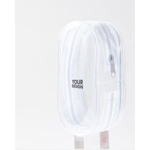 A transparent mini PVC storage bag with a white zip and a branding area.