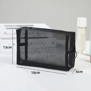 A portable black mesh makeup bag with dimensions of 18cm x 13cm x 6cm, featuring a zipper closure and branding.