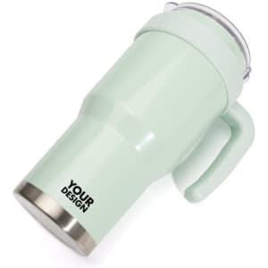 A drink bottle in mint green with a handle, straw, and a logo on the side.