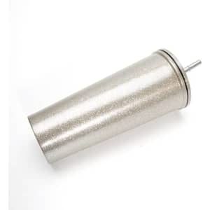 A stainless steel water cup with a straw in a glittery silver finish, featuring a logo on the side.