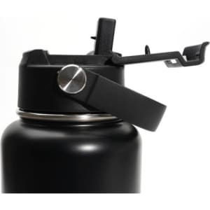 A drink bottle with a black stainless steel body and a handle, featuring a lid with a spout and lever mechanism.
