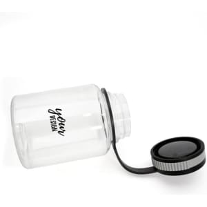 A drink bottle with a handle, made of clear plastic, featuring a black cap and a logo.