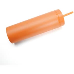 An orange 22 oz. plastic skinny tumbler with a straw and a matching screw-on lid. It has a logo on the side.