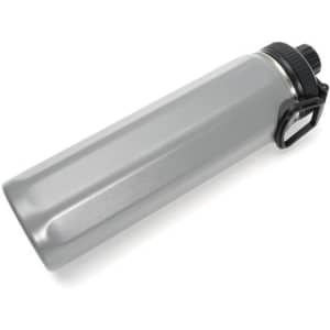 A drink bottle in silver stainless steel, featuring a black screw-on lid and a handle, with a logo.