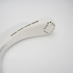 A portable neck fan in white with ventilation holes for airflow. It features a sleek, curved design.