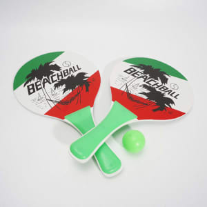 A Beach Ball Racket Set featuring two rackets in white and green, and a green ball. It includes a logo.