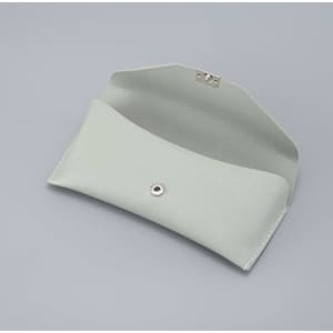 A light grey glasses case with a snap closure, featuring a smooth textured surface and no visible pattern.