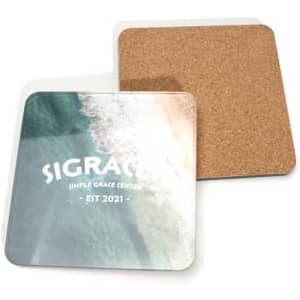 Acrylic coasters set featuring a glossy surface with a beach design and a cork backing, in square shape.