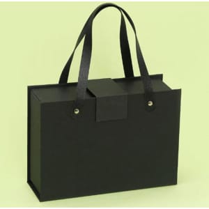 A black portable foldable gift box with a handle, featuring a secure closure and a simple design.