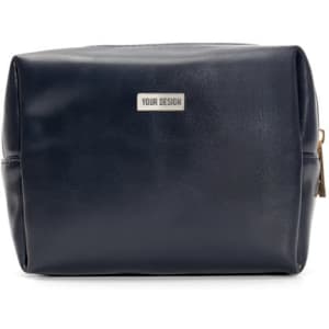 A PU leather makeup pouch in navy blue with a metallic logo on the front.