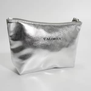 A silver PU leather zipper makeup bag with a glossy finish and a branded logo on the front.