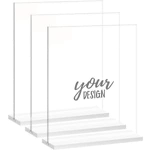 A set of clear acrylic sign holders in various sizes, featuring a base for stability and customizable designs.