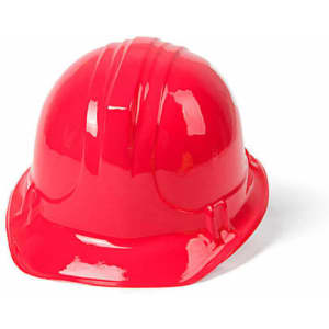 A shiny red construction helmet with a smooth surface and curved shape. It has a logo on one side.