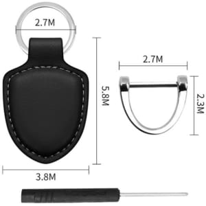 A black leather keychain with a metal ring and a clip mechanism, accompanied by a small tool for assembly.