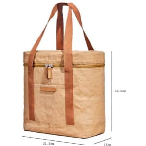 A tan insulated lunch bag with brown straps, featuring a zip closure and a front pocket. It has a branding logo.