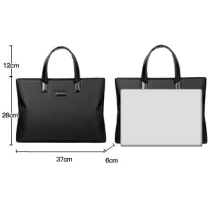 A black waterproof laptop briefcase with two handles, featuring dimensions of 37cm x 28cm x 12cm.