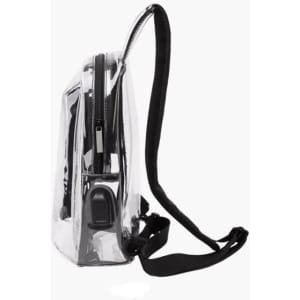 A transparent sling bag with a black strap and zip closure visible from the side. It features a sleek, modern design.