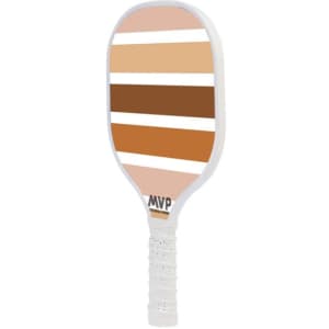 A pickleball paddle in shades of brown and cream, featuring a striped design and a textured handle.