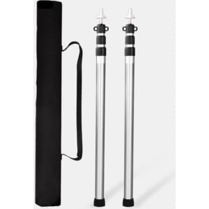 A set of two adjustable aluminium camping tarp poles in a black carrying bag. Each pole features black and white fittings.