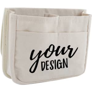 A beige hanging organiser with multiple pockets and a logo, designed for car seats.