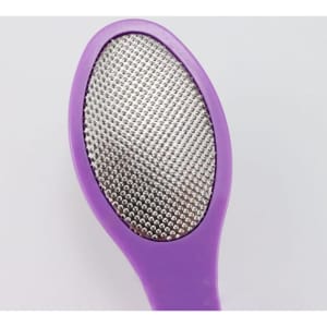 A purple multi-purpose foot file featuring a textured metal surface for smoothing.