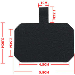 A black phone strap patch with dimensions indicated, featuring a textured surface and a loop for attachment.