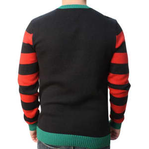 A black sweater with red and green stripes on the sleeves, featuring a ribbed green neckline and hem.