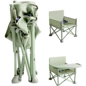 A portable foldable baby chair in light green, featuring a compact design with a built-in tray and backrest.