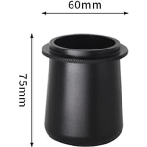 A black coffee portafilter dosing cup with a tapered design, measuring 60mm in diameter and 75mm in height.