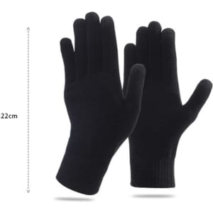 A pair of black touch screen gloves displayed with fingers extended. Length of gloves is 22 cm.