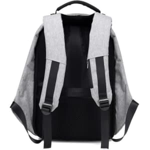 A grey and black travel backpack with a USB charging port and padded shoulder straps. It features a branding logo.