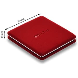 A red folding square pocket mirror with a logo, measuring 75mm by 11mm when closed.